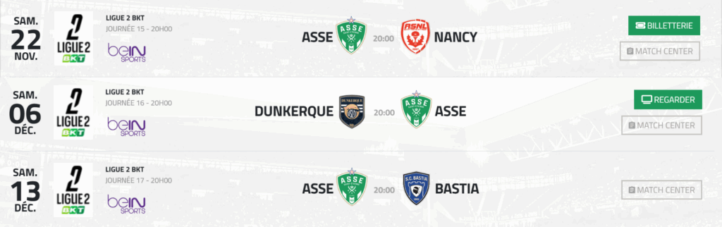calendrier des matchs saint etienne 18.11 pour novembre et décembre